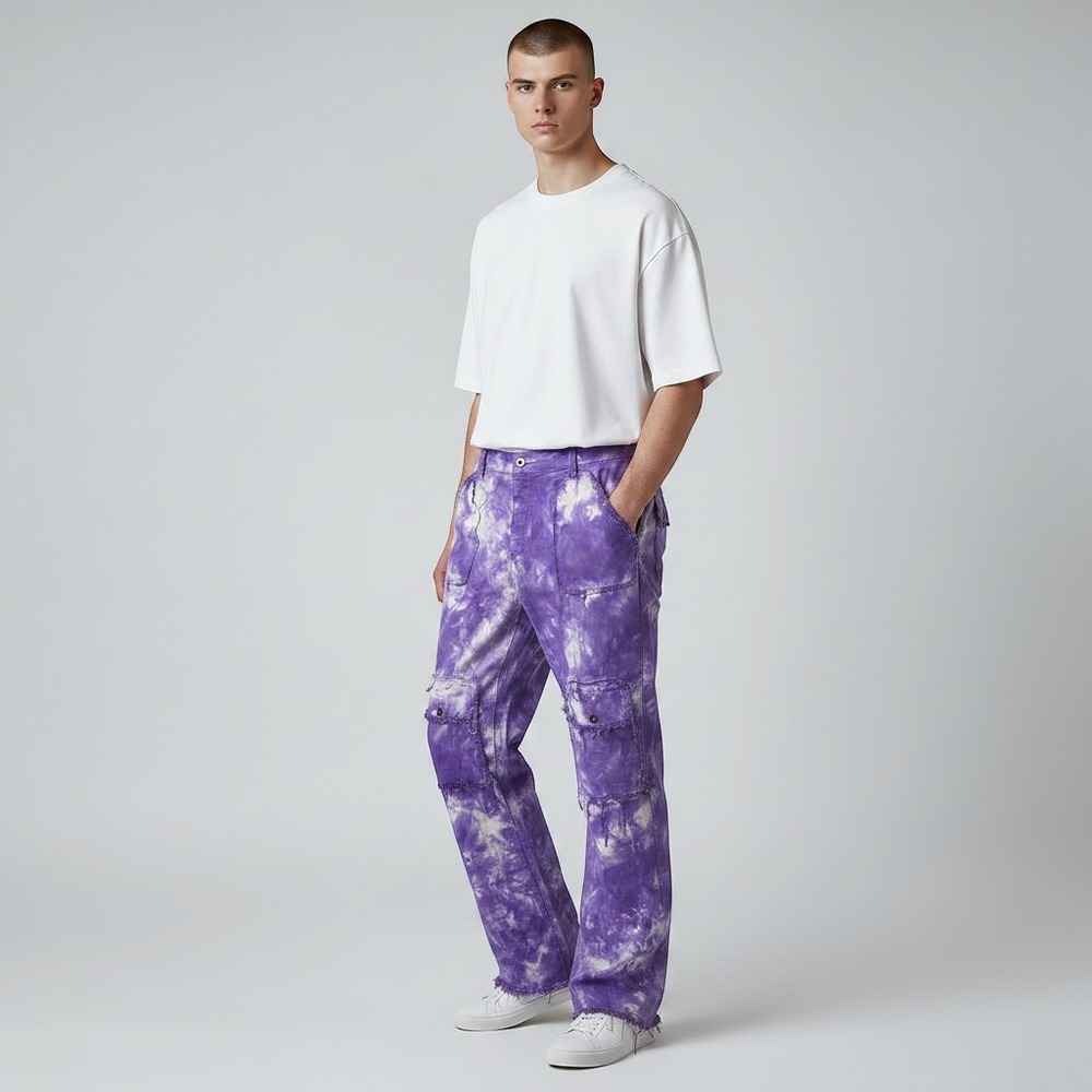 Valabasas Purple Tie Dye Distressed Cargo Pants Mens Size 42 Streetwear Denim